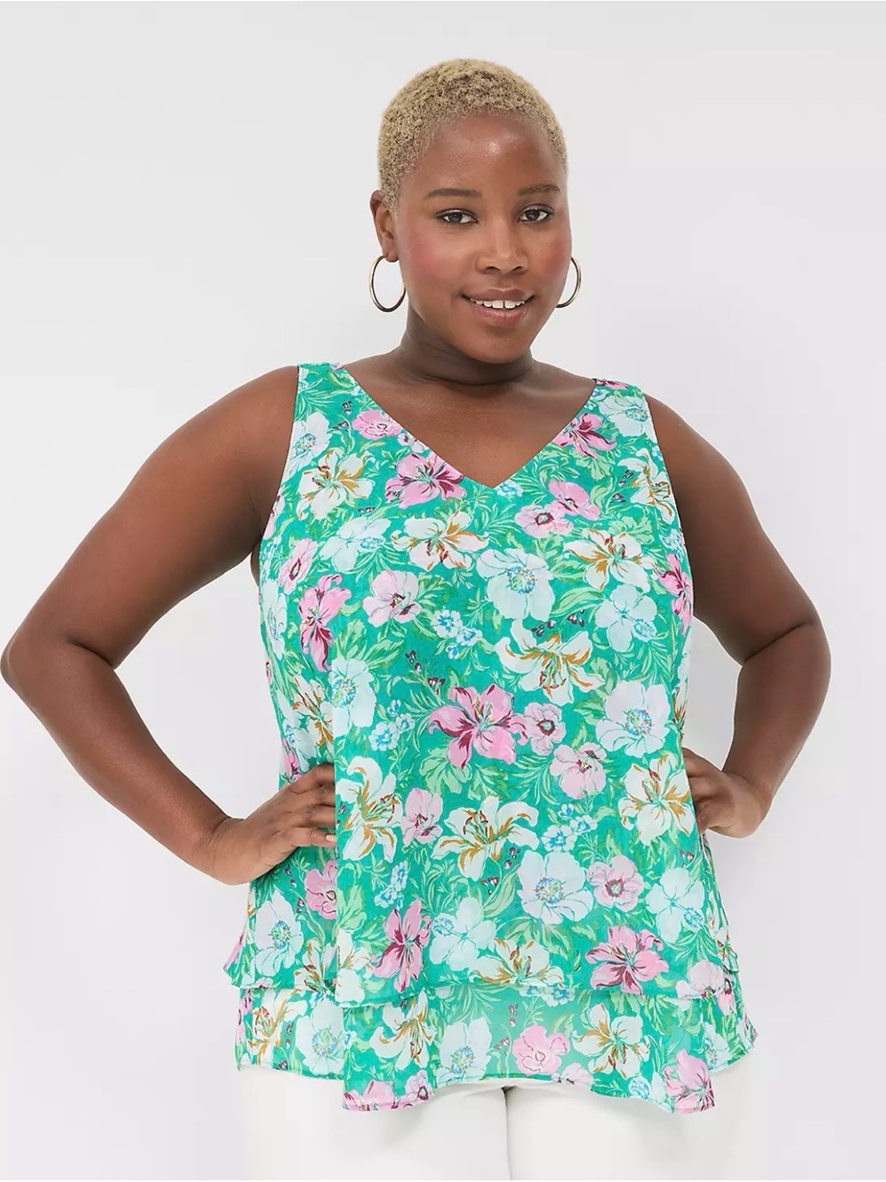 NWT Lane Bryant Size 24 Swing Double Layer Green Floral Chiffon Tank Top Blouse
